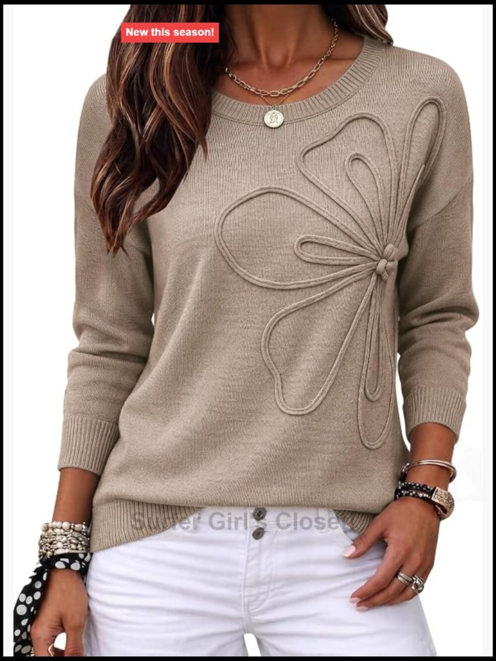 Women's 3D Floral Applique Crewneck Long Sleeve Knit Sweater